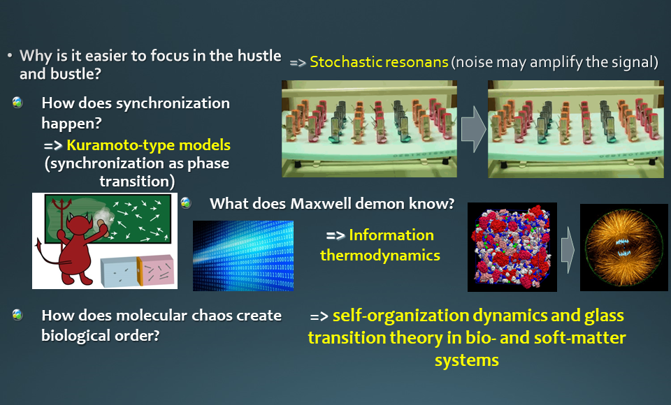 Stochastic resonans; Kuramoto-type models; Information thermodynamics; self-organization dynamics and glass transition theory in bio- and soft-matter systems