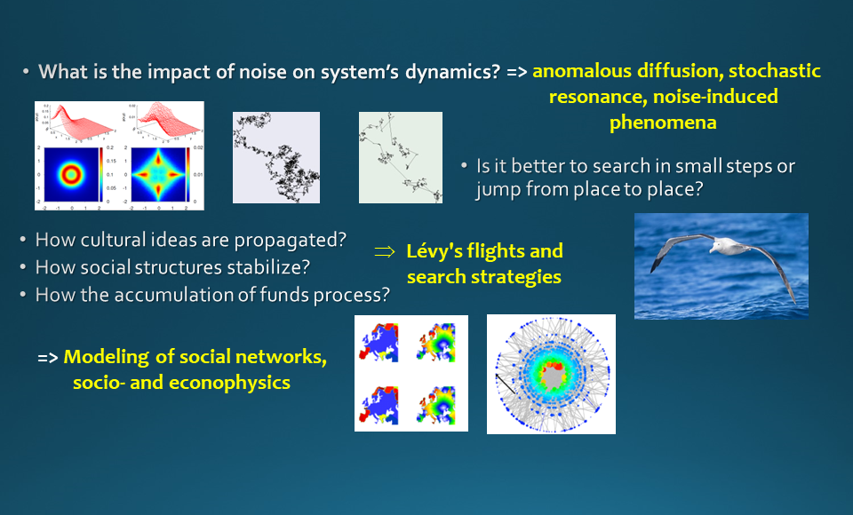 Anomalous diffusion, stochastic resonance, noise-induced phenomena; Lévy's flights and search strategies; Modeling of social networks, socio- and econophysics